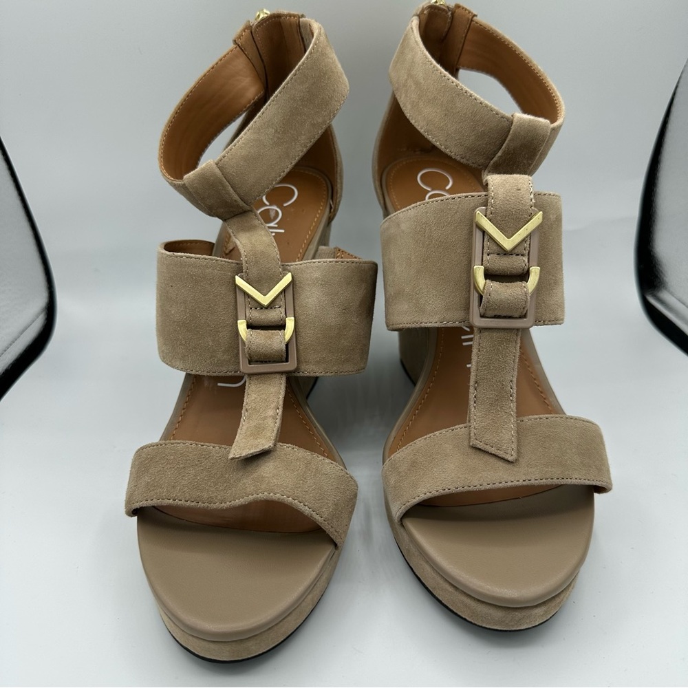 Calvin Klein Racquel Kid Suede 4 Inch Heel Open Toed Wedge